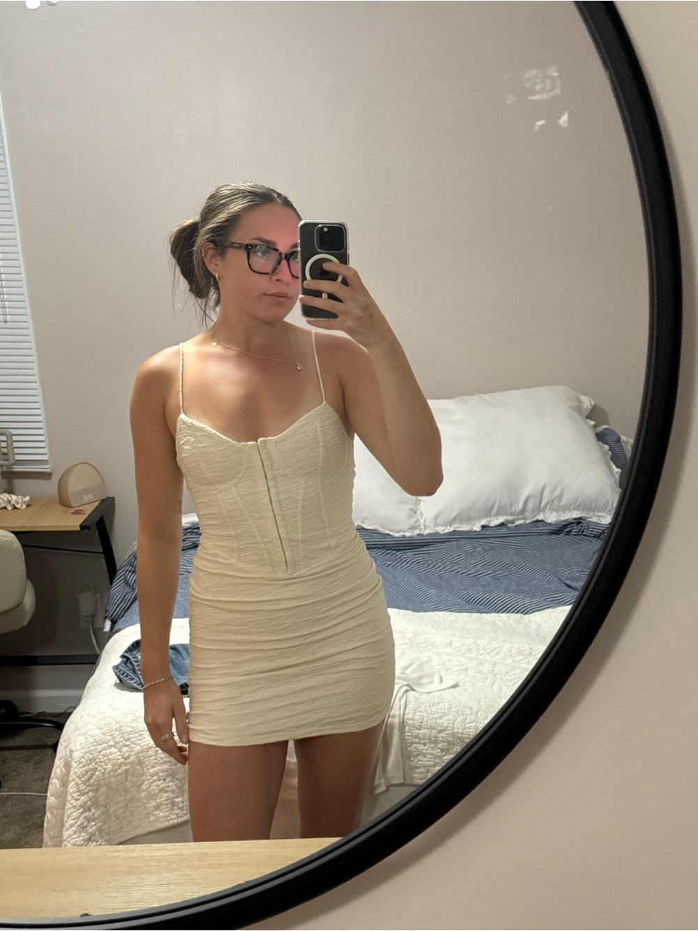 Bershka Cream Textured Bodycon Mini Dress with Bust Seams